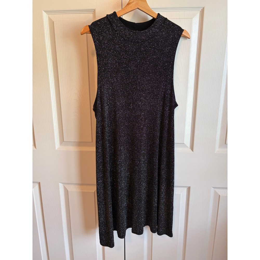Tiana B Women Black Metallic Glitter Mock Neck Sleeveless Shift Dress Size 14